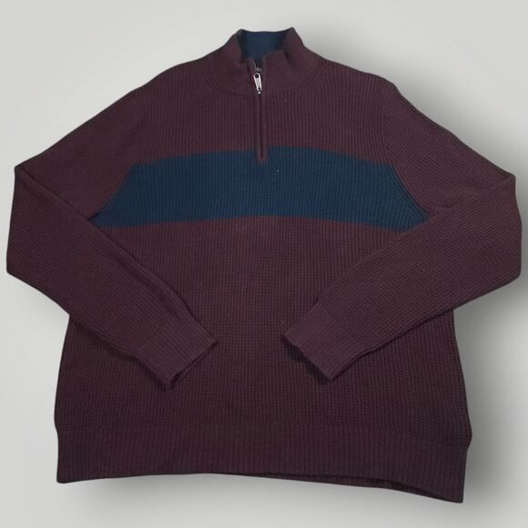 J Crew Sweater Mens XL Cotton Half Zip Waffle Knit Mock Neck Pullover Stripe - Picture 1 of 8